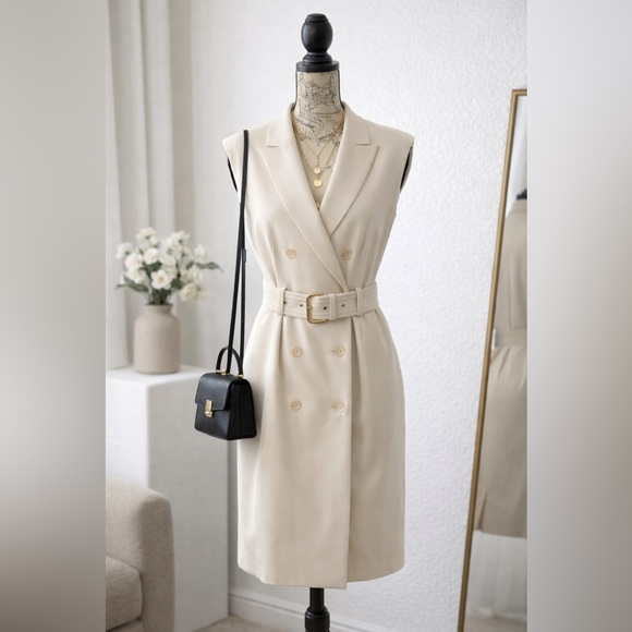 Calvin Klein Dresses & Skirts - Calvin Klein Ivory Belted Sleeveless Trench Dress Minimalist Office Chic Size 4